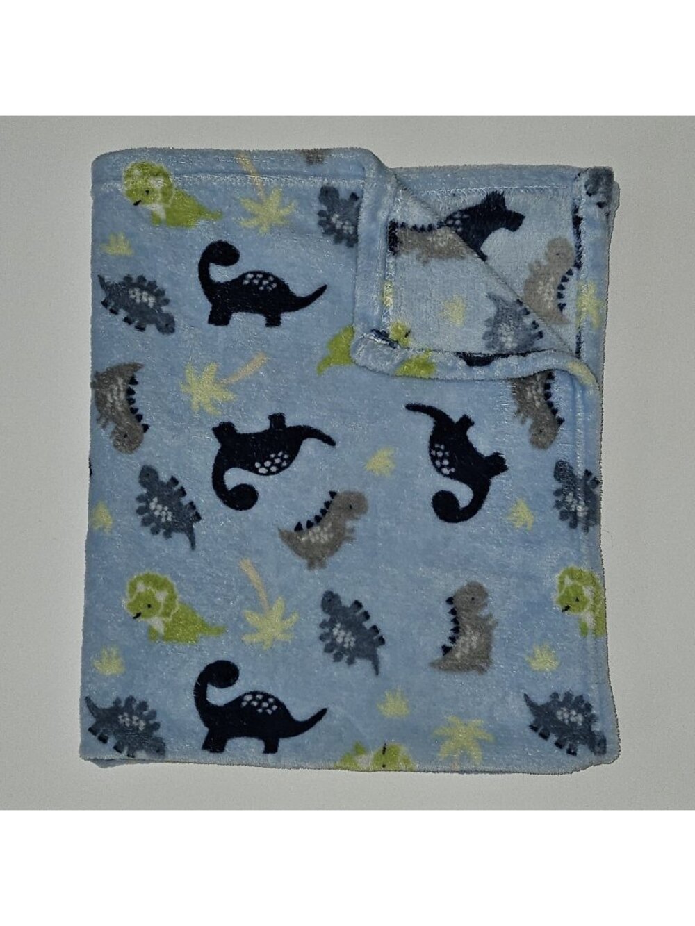 Parent's Choice Blue Dinosaur Fleece Baby Blanket Gray Green Trees 30x34